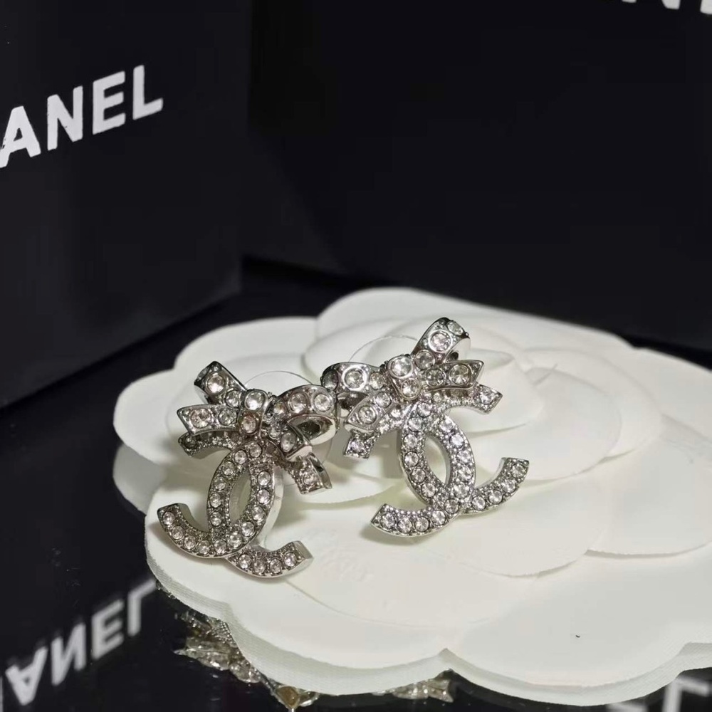 Chanel Bow & CC Crystal Stud Earrings